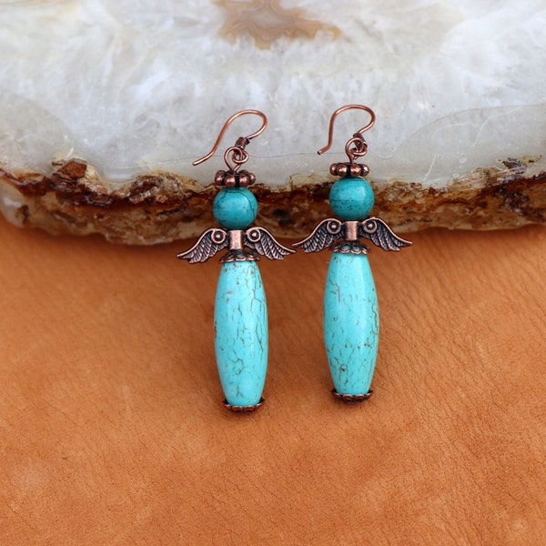 Turquoise Angel Earrings with Copper - Meaningful Jewelry - Southwest Long Dangle Earrings - Native Inspired - Sundance Style