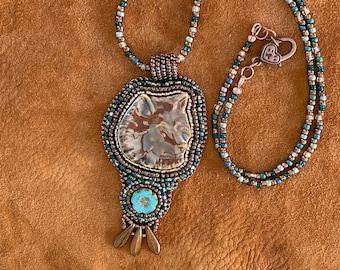 Ceramic Wolf Face Necklace: Bead Embroidery Wildlife Pendant