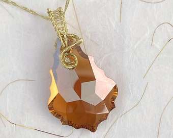 Bronze Swarovski Crystal Pendant with a Wire Wrapped Bail and a Gold Chain - Facet Cut Teardrop Shape - Statement Gift Jewelry