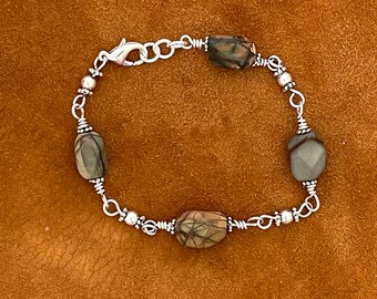 Silver Wire Wrapped Red Creek Jasper Bracelet: Western Jewelry