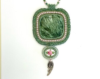 Green Seraphinite Statement Necklace: Swarovski Pearls, Rose, Angel Wing