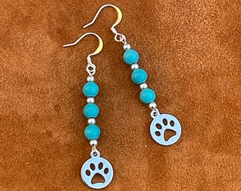 Dog or Wolf Dangle Earrings - Turquoise and Silver with Paw Charm - Dog Owner Gift - Wolf Earrings - Animal Totem Earrings