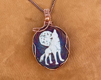 Howling Wolf Pendant: Copper Wire Wrapped Ceramic Necklace, 18" Chain