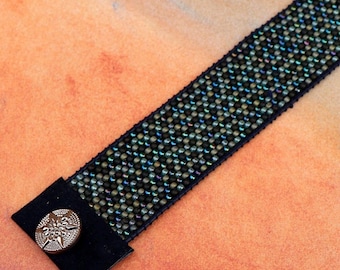 Blue Cuff Bracelet with Dark Blue Leather Trim - Hand Beaded Bracelet -  Handcrafted Gift Jewelry
