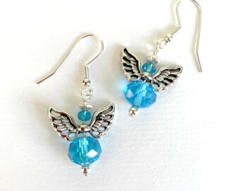 Blue Crystal Angel Silver Earrings - Sterling Silver Ear Wires - Silver Plated Wings - Meaningful Jewelry - Healing Earrings