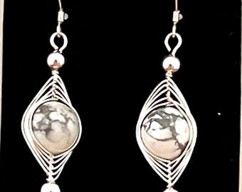 Howlite White Stone Dangle Earrings with Sterling Silver Ear Wires, White Buffalo Style, White with Grey Veining, Boho Western Jewelry