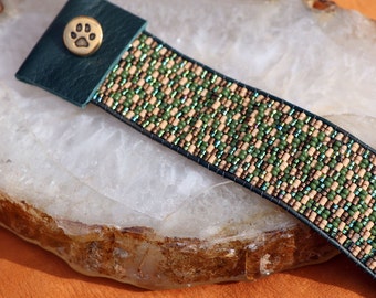 Hand Beaded Green Cuff Bracelet: Gold Paw Button Clasp, Dark Green Leather Trim, One of a Kind Gift for Mother's Day, Dog Mom Gift