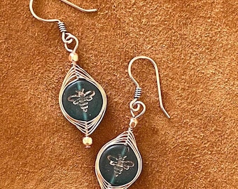 Handcrafted Bee Earrings - Blue Czech Glass with Copper Wire Weaving - Boho Bee Jewelry - Gift for Nature Lovers and Gardens