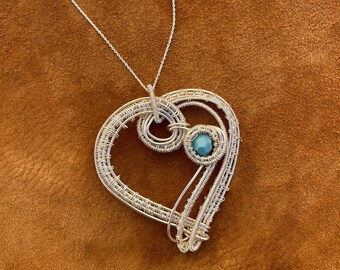 Handmade Silver Wire Heart Pendant Necklace with Turquoise Bead