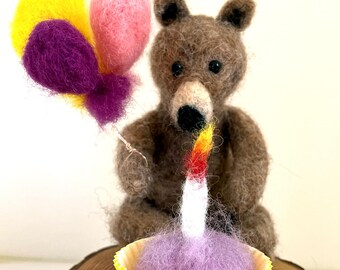 Needle Felted Bear - Birthday Bear Collectible Art Doll - Happy Birthday Gift - Baby's First Birthday - Mixed Media Art - Handmade Wool Bear