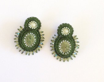 Green Chrysoprase Stone Earrings, Post Earrings, Hand Crafted Bead Embroidery Jewelry, Wearable Art, Gift Jewelry, One of a Kind Earrings