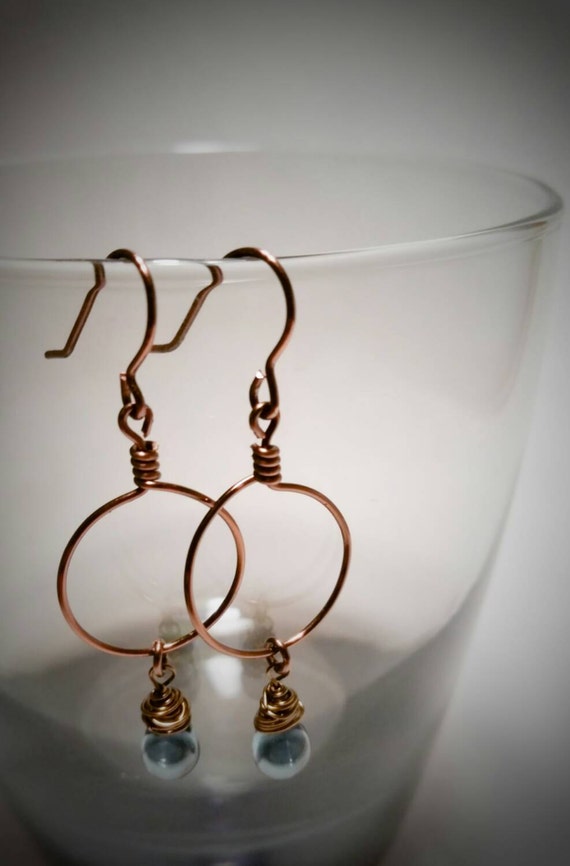 Copper Hoop Earrings with Wire Wrapped Teardrop | Etsy