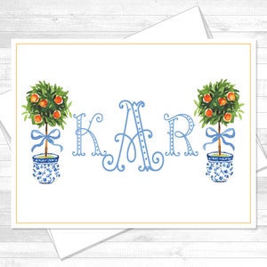 Personalized Stationery Ginger Jar Chinoiserie Orange Topiary Boxed Notecard Stationery Set | Folded note cards | Elegant Notecards