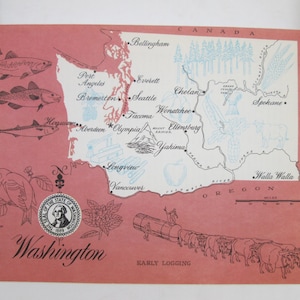 May include: A vintage map of the state of Washington with a pink background. The map shows the major cities and towns in the state, as well as the major rivers and lakes. The map also includes a seal of the state of Washington, a picture of early logging, and a scale in miles.