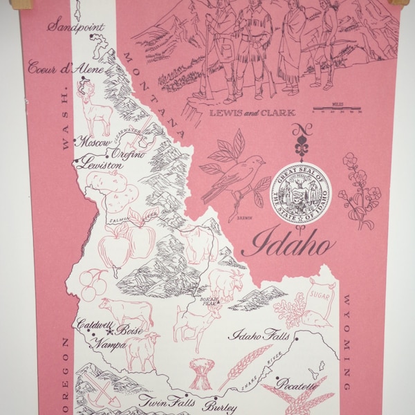 Vintage 1960s Original State Graphic Picture Map of Idaho