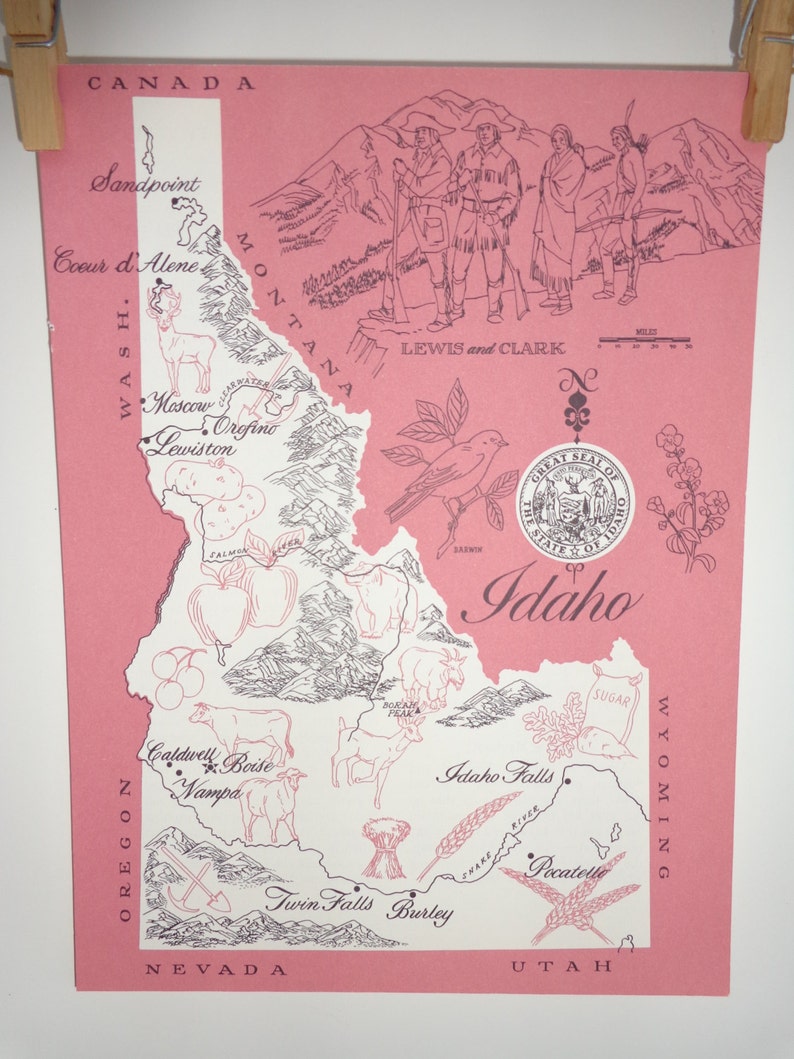 Vintage 1960s Original State Graphic Picture Map of Idaho