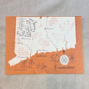 Carte graphique originale d'état des années 1960, Connecticut, papier coloré orange du Connecticut, moins de villes