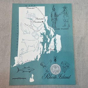 Pode incluir: Um mapa vintage azul-petróleo de Rhode Island com ilustrações de marcos locais, agricultura e figuras históricas. O mapa inclui o texto "Rhode Island" e "Roger Williams".