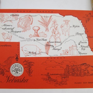 Vintage 1960s Original State Graphic Picture Map of Nebraska Bright Colorful Orange Paper