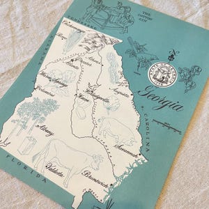 Vintage 1960s Original State Graphic Landkarte von Georgia Papier Blau Türkis GA
