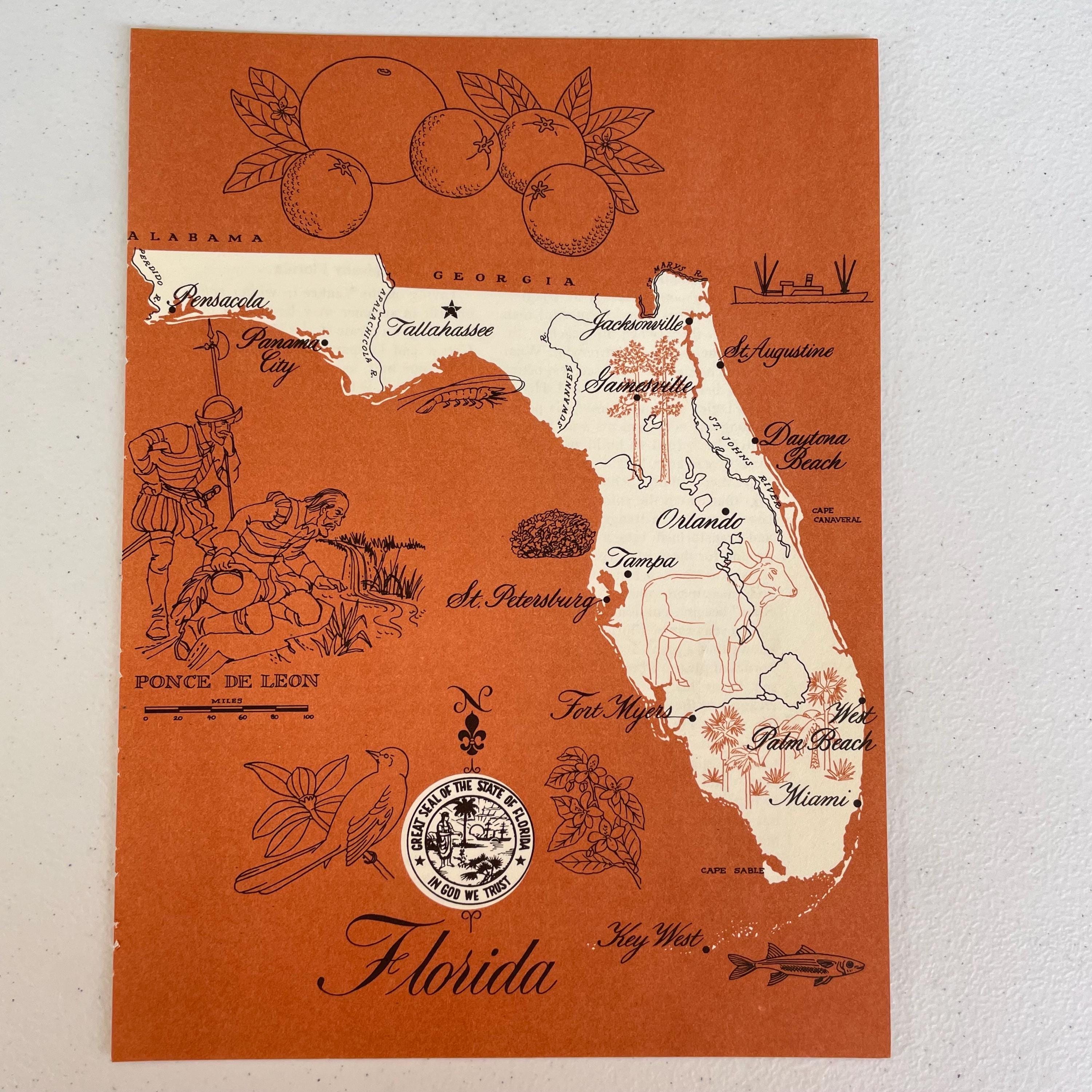 Vintage 1960s Original State Graphic Picture Map of Florida Orange