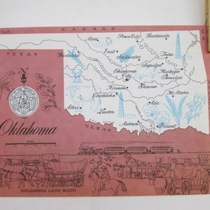 Mapa gráfico original vintage del estado de Oklahoma, de la década de 1960, en papel brillante y colorido.