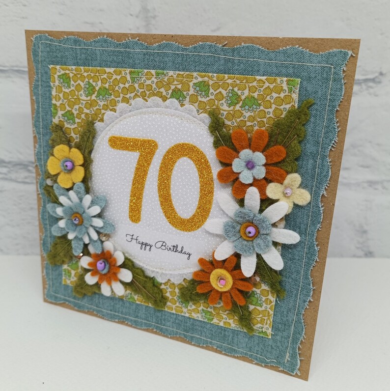 Handmade 70th Birthday Card: Fabric & Felt Flowers - Etsy UK
