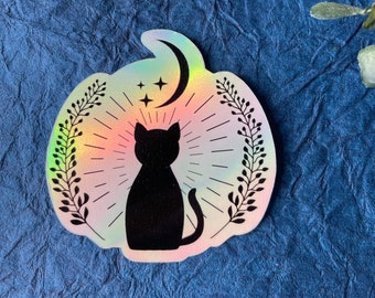 Holographic Cat Moon Sticker or Magnet | Laptop Sticker | WaterBottle Sticker | Magic Witchy Art | Black Cat | Gift for Girlfriend |