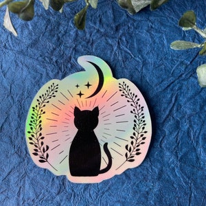 Holographic Cat Moon Sticker or Magnet | Laptop Sticker | WaterBottle Sticker | Magic Witchy Art | Black Cat | Gift for Girlfriend |