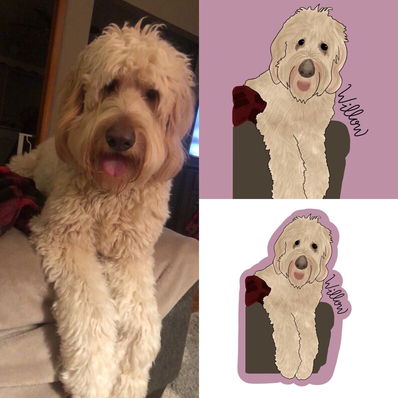 May include: A digital illustration of a light brown dog with a pink tongue sticking out, sitting on a brown couch with a red blanket. The dog is labeled "Willow".