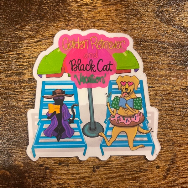 Golden Retriever and Black Cat Vacation Sticker or Magnet | Laptop WaterBottle Sticker | Locker | Gift for Cat Lover | Summer | Dog Lover