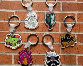 Whimsical Acrylic Keychain | Gift for Friend | Bestie | Skeleton | Mushroom | Luna Moth | Jumping Spider | Otters | Raccoon Feral | Cute