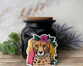 Flowery Cheetah Portrait Sticker or Magnet | Laptop Sticker | WaterBottle Sticker | Locker Magnet | Gift for Friend | Animal Art | Zoo