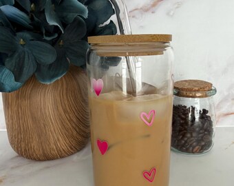 Hearts Glass Cup with Lid and Straw | Color Changing | Pink Coffee Cup | Trendy Gift | Gift for Valentine’s Day Galentine’s Day | Friend