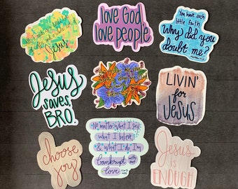 May include: A collection of colorful stickers with inspirational quotes and religious themes. The stickers feature phrases like "Jesus saves BRO," "Love God love people," and "Choose joy." The stickers are in various shapes and sizes.