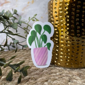 May include: A sticker featuring a potted plant with green leaves in a pink and white striped pot. The sticker is on a woven surface.