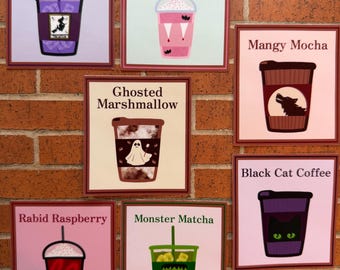 Halloween Cafe Sticker or Magnet Bundle | Laptop WaterBottle Stickers | Witch Werewolf Vampire Bat Ghost Black Cat | Mocha Matcha Tea Coffee