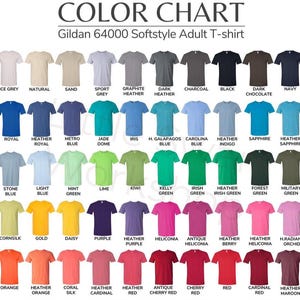 May include: Color chart for Gildan 64000 Softstyle Adult T-shirts. The chart displays a wide array of colors, including white, black, navy, and various shades of blue, green, pink, orange, and red. The text "COLOR CHART" is at the top.