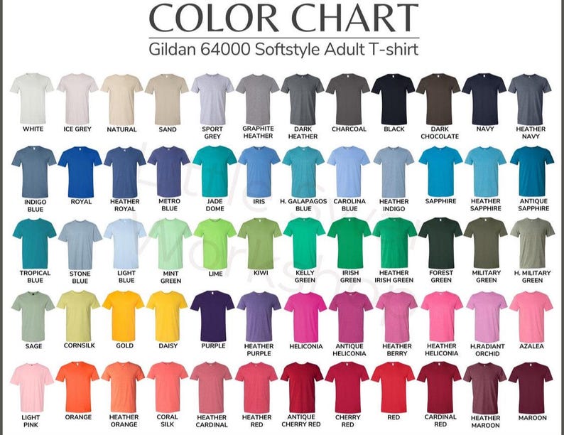 May include: Color chart for Gildan 64000 Softstyle Adult T-shirts. The chart displays a wide array of colors, including white, black, navy, and various shades of blue, green, pink, orange, and red. The text "COLOR CHART" is at the top.