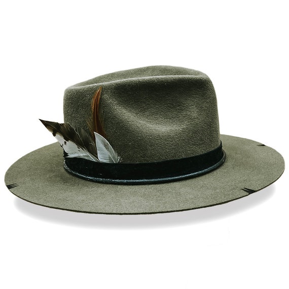 Women and Men Olive Green Felt Fedora Panama Hat with Essex crown, black  leather band, metal closure and feather
