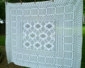 Vintage White Hand-crocheted table cloth- small white crocheted tablecloth- table cover- handmade white geometric cloth- crocheted coverlet