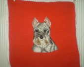 Cute Schnauzer pup- Hand worked needlepoint pillow top with Schnauzer dog- Schnauzer dog needlepoint-Christmas Schnauzer- red needlepoint