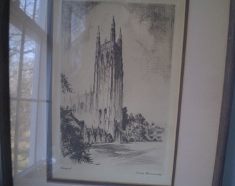 DUKE UNIVERSITY CHAPEL etching- Framed Vintage Etching of Duke Chapel- Blue Devils Chapel etching- pencil signed by Day Lowry