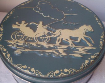 Vntg SHIRLEY JEAN TIN- Shirley Jean Fruit Cake tin- Wedgwood style blue-gray and ivory tin- Horse and carriage silhouette- storage tin