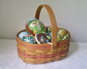 LONGABERGER small oval BASKET- Tea for Two 1999 handmade basket- folding handle basket with red stripes- wood bottom basket- craft storage