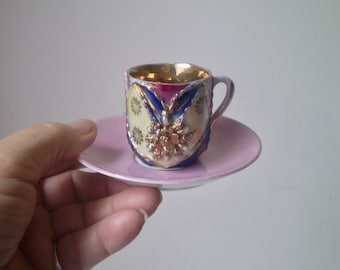 C. 1900 DEMI-TASSE CUP n Saucer- 100 year old+ little cup and saucer- fancy Antique Espresso cup- pink & gold decorated cup-Germany