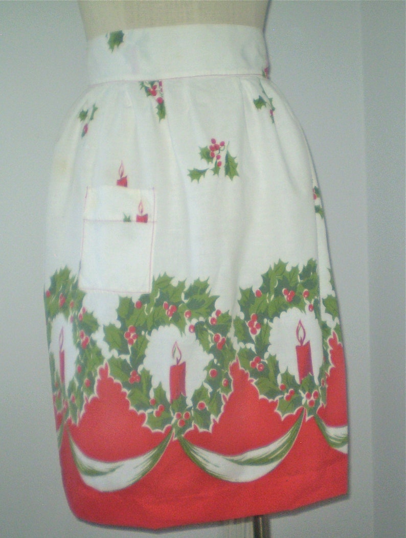Reserved for Ellen Retro holiday apron Xmas Candles apron tall gal apron Vintage Holiday half apron handmade cotton print apron