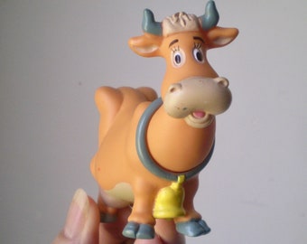 Disney GRACE COW and milking stand-Plastic molded sweet faced milk cow- orange milk cow from Disney movie - large cowbell and milk stool