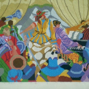 JAZZ BAND by Prince Duncan Williams- Needlepoint Jazz band picture- completed needlepoint for pillow top or frame- colorful New Orleans jazz image 1