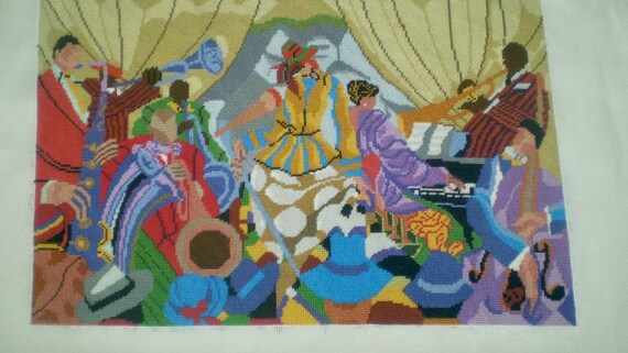 JAZZ BAND by Prince Duncan Williams- Needlepoint Jazz band picture- completed needlepoint for pillow top or frame- colorful New Orleans jazz